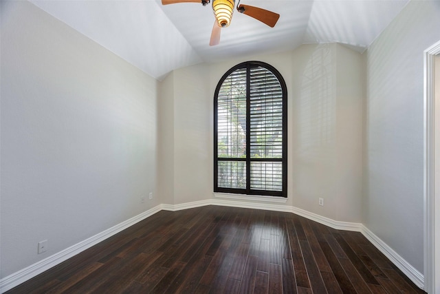 11212 Sunrise Ln, Frisco, TX 75035 - unfurnished room with dark wood-type flooring, ceiling fan, baseboards, and lofted ceiling