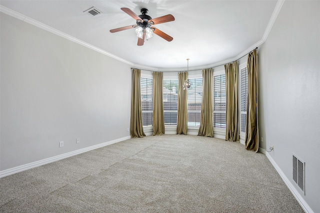 11212 Sunrise Ln, Frisco, TX 75035 - empty room featuring ornamental molding, light colored carpet, a ceiling fan, and baseboards