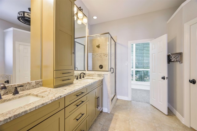 11212 Sunrise Ln, Frisco, TX 75035 - bathroom featuring double vanity, a stall shower, baseboards, tile patterned flooring, and recessed lighting