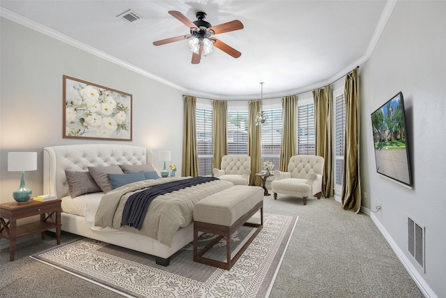 11212 Sunrise Ln, Frisco, TX 75035 - bedroom featuring ornamental molding, baseboards, light colored carpet, and a ceiling fan