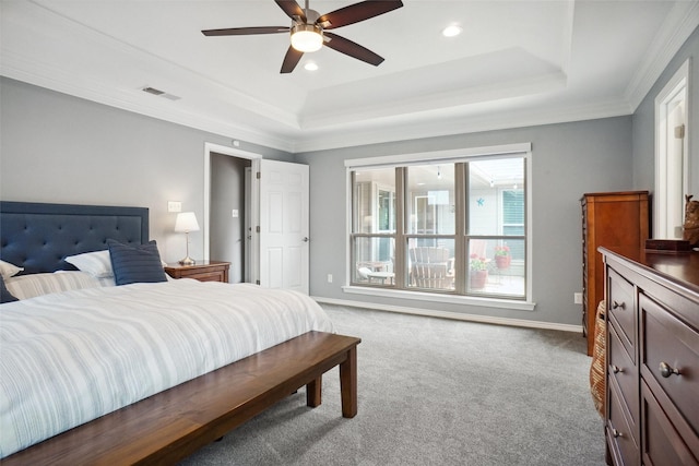 731 Falcon Ln, Coppell, TX 75019 - bedroom with a raised ceiling, carpet flooring, baseboards, ornamental molding, and recessed lighting