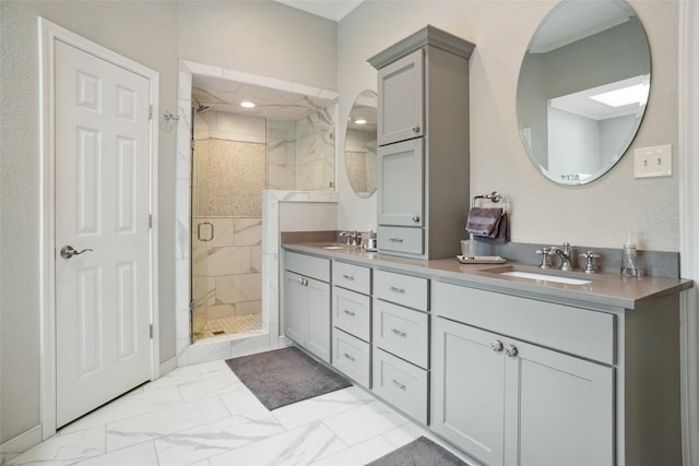 731 Falcon Ln, Coppell, TX 75019 - bathroom with marble look tiles, a marble finish shower, and double vanity