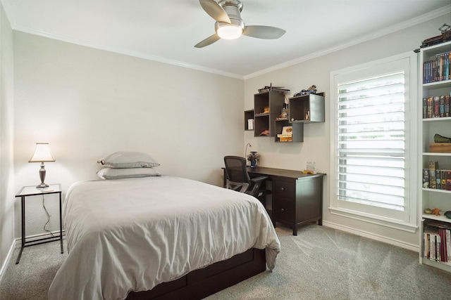 731 Falcon Ln, Coppell, TX 75019 - bedroom with light carpet, crown molding, baseboards, and a ceiling fan