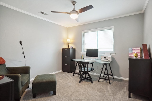 731 Falcon Ln, Coppell, TX 75019 - office featuring light carpet, baseboards, a ceiling fan, and ornamental molding