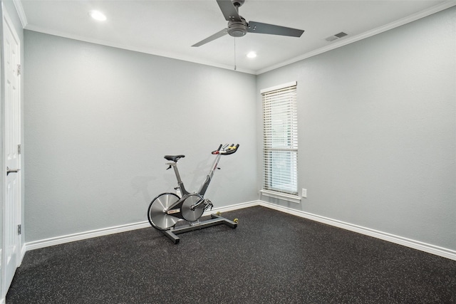 731 Falcon Ln, Coppell, TX 75019 - workout room with a ceiling fan, ornamental molding, recessed lighting, and baseboards