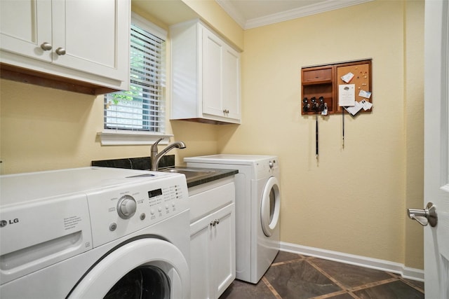 731 Falcon Ln, Coppell, TX 75019 - laundry room with cabinet space, washer and clothes dryer, ornamental molding, and baseboards