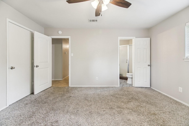 611 Buffalo Dr, Arlington, TX 76013 - unfurnished bedroom with carpet, baseboards, ensuite bathroom, and a ceiling fan