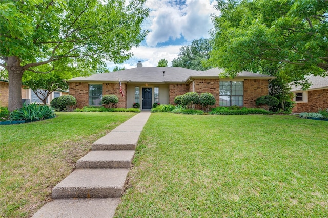 1404 Chicota Dr, Plano, TX 75023 - ranch-style home with a front lawn, brick siding, and a chimney