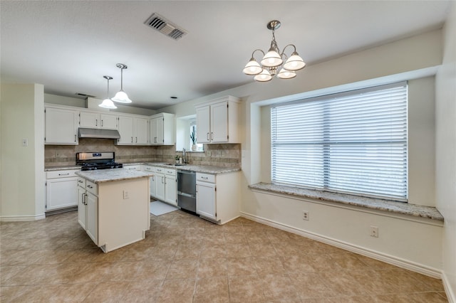1404 Chicota Dr, Plano, TX 75023 - kitchen featuring appliances with stainless steel finishes, under cabinet range hood, a sink, decorative backsplash, and white cabinets