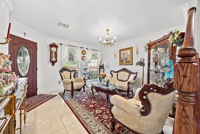 5637 Hunters Bend Ln, Dallas, TX 75249 - living area with ornamental molding, a chandelier, a textured ceiling, and light tile patterned floors