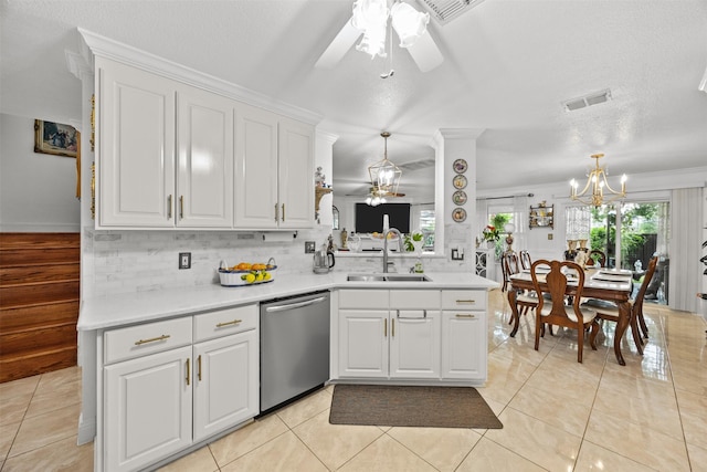 5637 Hunters Bend Ln, Dallas, TX 75249 - kitchen with a sink, stainless steel dishwasher, ceiling fan, and backsplash