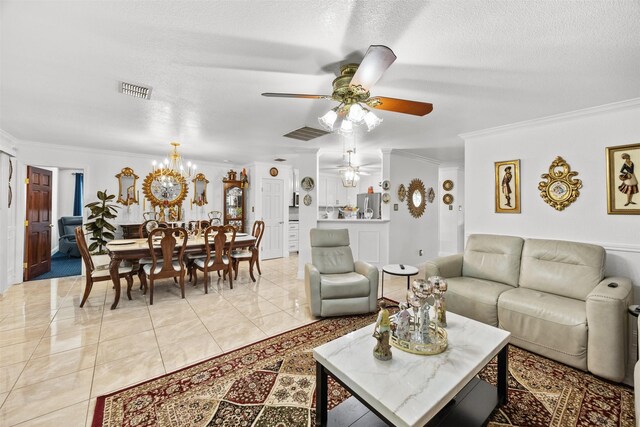 5637 Hunters Bend Ln, Dallas, TX 75249 - living area with crown molding, ceiling fan, a chandelier, a textured ceiling, and light tile patterned flooring