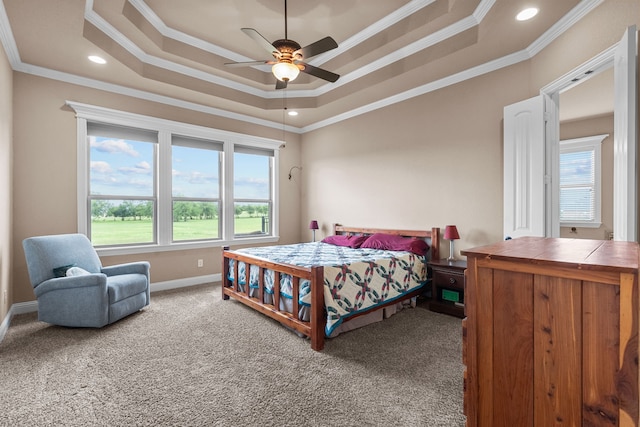 781 Audra Cir, Rhome, TX 76078 - carpeted bedroom featuring a tray ceiling, ornamental molding, recessed lighting, baseboards, and ceiling fan