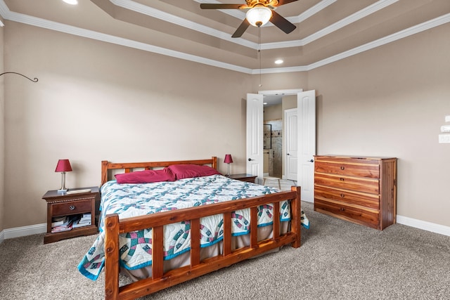781 Audra Cir, Rhome, TX 76078 - carpeted bedroom with ornamental molding, a tray ceiling, baseboards, recessed lighting, and ceiling fan