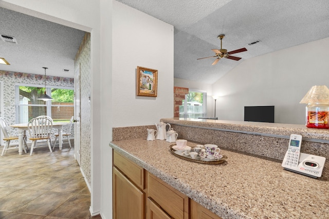 5502 Misty Crest Dr, Arlington, TX 76017 - bathroom featuring a textured ceiling, ceiling fan, and lofted ceiling