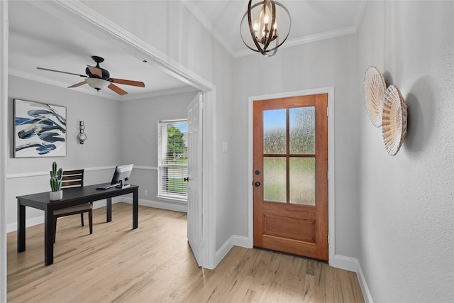 4636 Versailles Ln, Plano, TX 75093 - foyer entrance featuring ornamental molding, light wood-type flooring, baseboards, and a chandelier