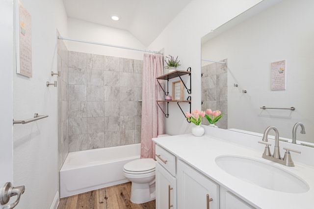 11013 Aledo Ln, Aubrey, TX 76227 - full bath featuring toilet, vanity, wood finished floors, shower / tub combo with curtain, and recessed lighting