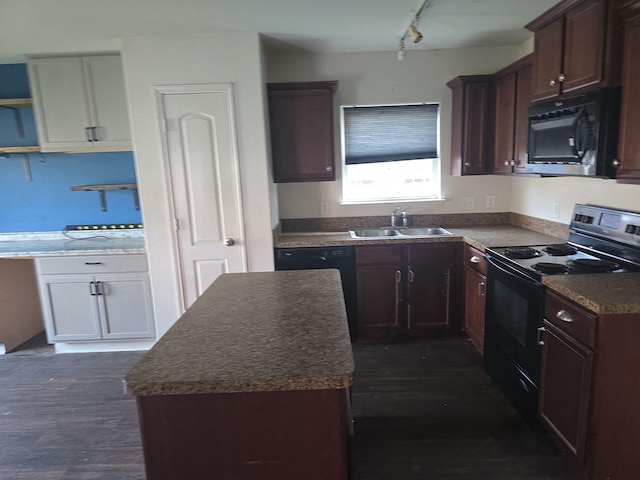1322 Lucchese Ln, Dallas, TX 75253 - kitchen featuring black appliances, a sink, open shelves, dark countertops, and dark wood-type flooring
