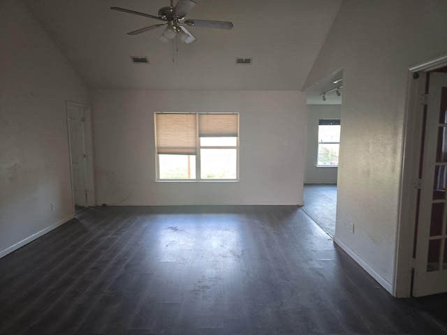 1322 Lucchese Ln, Dallas, TX 75253 - unfurnished room featuring ceiling fan, dark wood-style floors, baseboards, and high vaulted ceiling