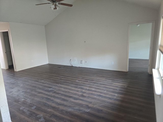1322 Lucchese Ln, Dallas, TX 75253 - empty room featuring ceiling fan, vaulted ceiling, dark wood-style floors, and baseboards