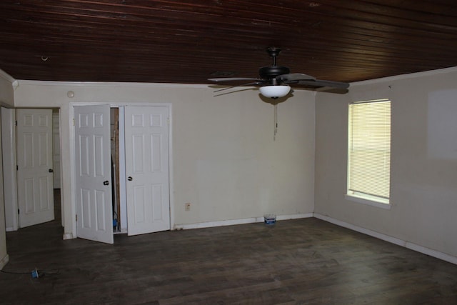 4207 Harrison St, Bellmead, TX 76705 - unfurnished room featuring a ceiling fan, wood ceiling, crown molding, baseboards, and dark wood finished floors