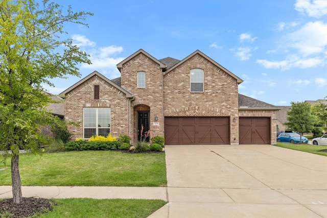 1319 Bridgewater Blvd, Celina, TX 75009 - view of front facade featuring brick siding, a front lawn, driveway, roof with shingles, and a garage
