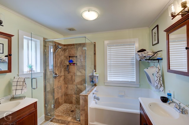 full bath with vanity, a stall shower, a bath, and ornamental molding