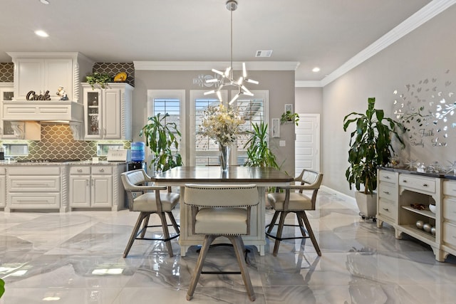 2604 Coyote Xing, Rockwall, TX 75087 - dining room featuring a chandelier, light marble finish flooring, recessed lighting, crown molding, and baseboards