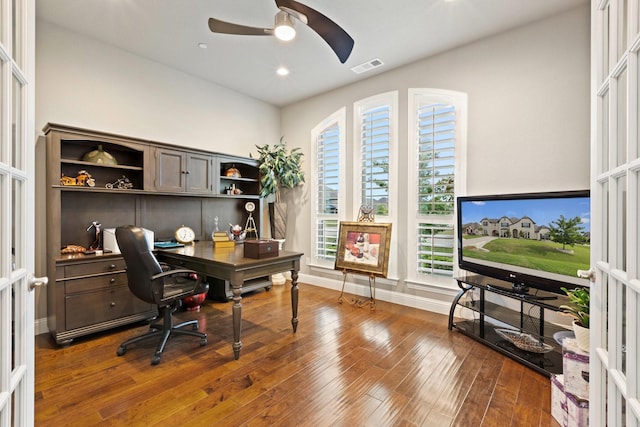 2604 Coyote Xing, Rockwall, TX 75087 - office area featuring ceiling fan, wood finished floors, recessed lighting, and baseboards