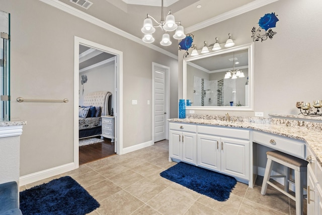 2604 Coyote Xing, Rockwall, TX 75087 - full bathroom featuring a chandelier, ornamental molding, vanity, an enclosed shower, and ensuite bath