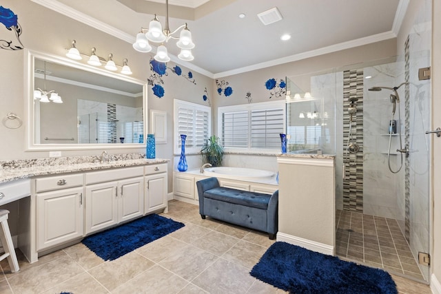 2604 Coyote Xing, Rockwall, TX 75087 - bathroom featuring a chandelier, a garden tub, vanity, a shower stall, and crown molding
