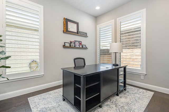 1607 Lilac Ln, Celina, TX 75009 - office area featuring baseboards, dark wood-style floors, and recessed lighting
