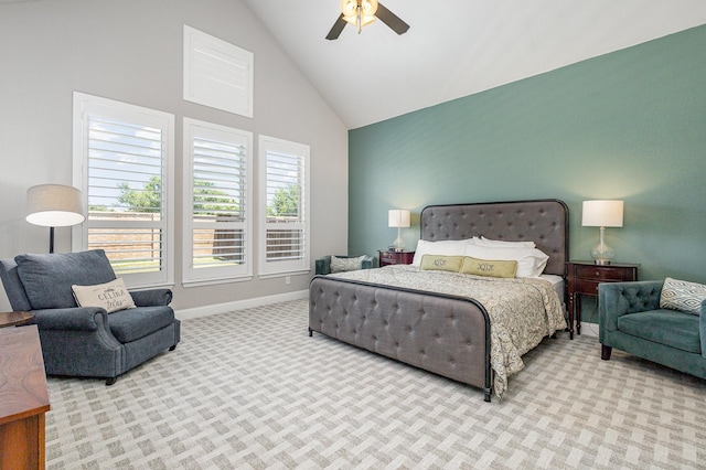 1607 Lilac Ln, Celina, TX 75009 - bedroom with carpet flooring, high vaulted ceiling, baseboards, and a ceiling fan