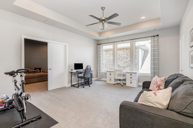 1607 Lilac Ln, Celina, TX 75009 - office space featuring a tray ceiling, a ceiling fan, light carpet, and baseboards
