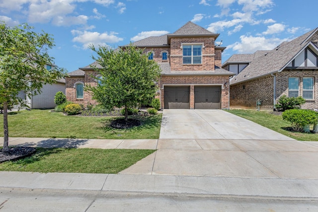 1607 Lilac Ln, Celina, TX 75009 - view of front of property with brick siding, driveway, a front lawn, an attached garage, and roof with shingles