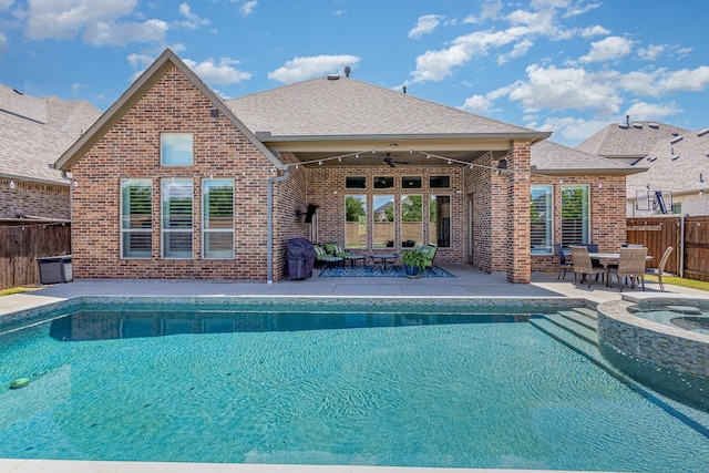 1607 Lilac Ln, Celina, TX 75009 - view of pool with ceiling fan, a fenced backyard, a patio area, and outdoor dining space