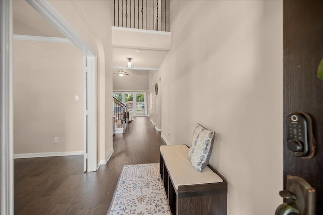 7608 White Fawn Rd, Arlington, TX 76002 - foyer entrance with dark wood-style floors, baseboards, ornamental molding, and ceiling fan