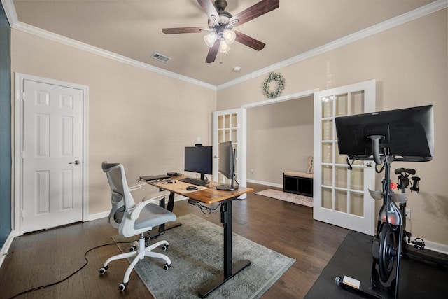 7608 White Fawn Rd, Arlington, TX 76002 - office featuring ornamental molding, ceiling fan, wood finished floors, french doors, and baseboards