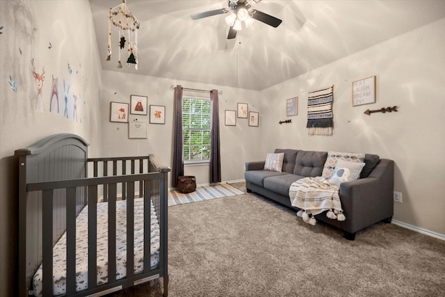 7608 White Fawn Rd, Arlington, TX 76002 - bedroom with carpet floors, baseboards, ceiling fan, and vaulted ceiling