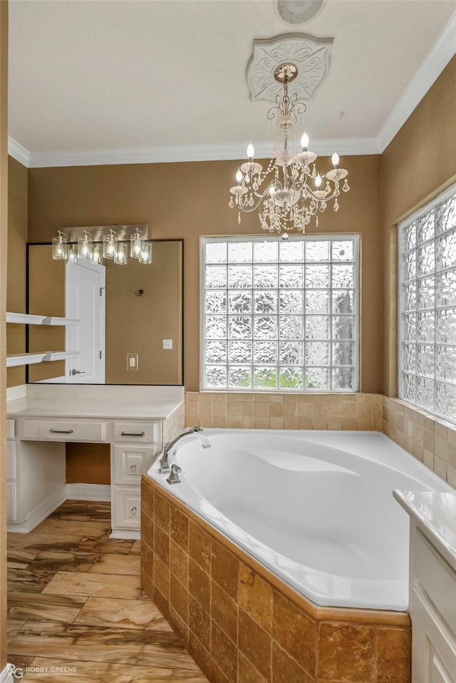 561 Linton Rd, Benton, LA 71006 - full bathroom featuring a garden tub, wood finished floors, crown molding, vanity, and a chandelier
