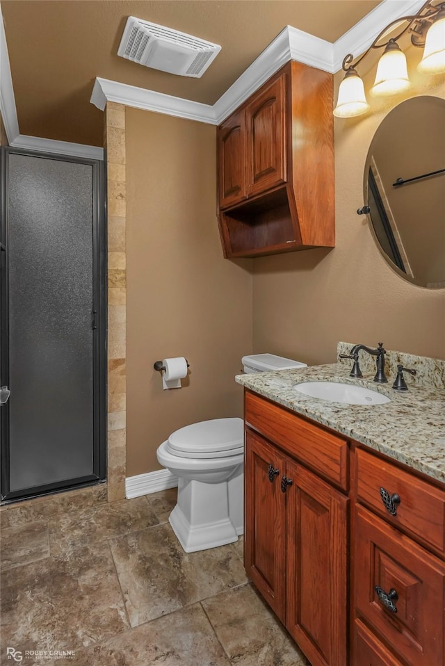 561 Linton Rd, Benton, LA 71006 - full bath with vanity, a shower stall, baseboards, toilet, and ornamental molding
