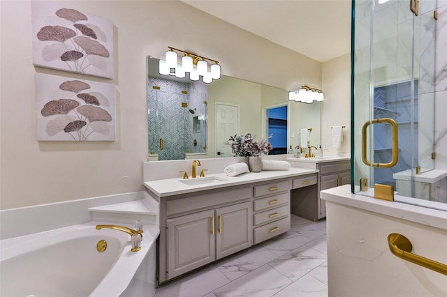 7627 Sweetgum Dr, Irving, TX 75063 - full bathroom featuring a shower stall, marble look tiles, vanity, and a bath