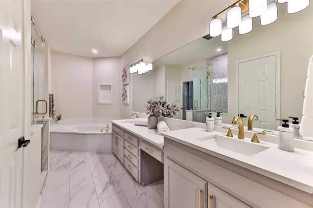 7627 Sweetgum Dr, Irving, TX 75063 - full bath featuring marble finish flooring, a shower stall, a bath, double vanity, and recessed lighting