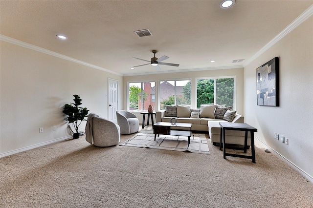 7627 Sweetgum Dr, Irving, TX 75063 - living room featuring carpet flooring, crown molding, recessed lighting, baseboards, and ceiling fan