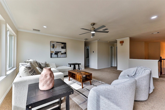 7627 Sweetgum Dr, Irving, TX 75063 - living room with light colored carpet, baseboards, recessed lighting, ceiling fan, and ornamental molding