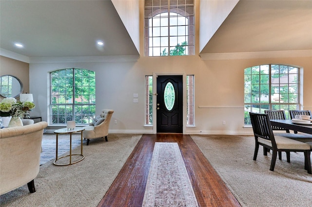 7627 Sweetgum Dr, Irving, TX 75063 - entrance foyer with ornamental molding, carpet floors, baseboards, a high ceiling, and recessed lighting