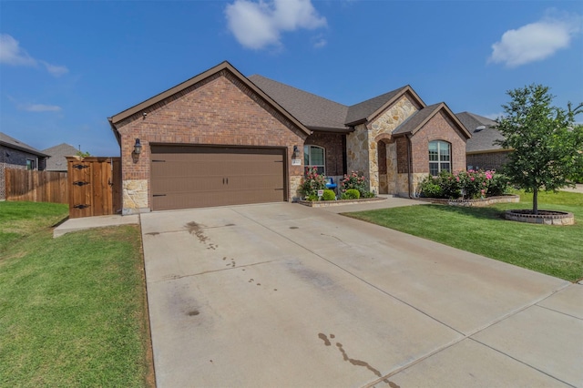 11312 Culberson Dr, Aubrey, TX 76227 - view of front of house with stone siding, a garage, concrete driveway, and brick siding