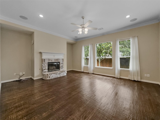 5143 Pond Bluff Way, Fairview, TX 75069 - unfurnished living room with plenty of natural light, ceiling fan, a brick fireplace, ornamental molding, and wood finished floors