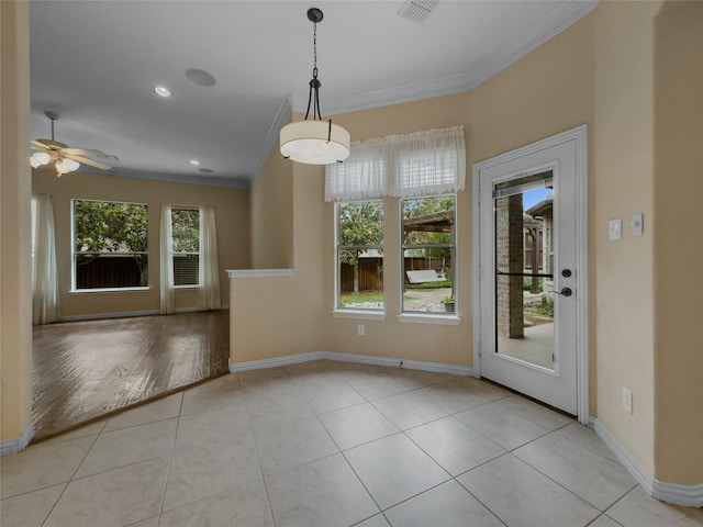 5143 Pond Bluff Way, Fairview, TX 75069 - unfurnished dining area with ornamental molding, ceiling fan, baseboards, tile patterned floors, and recessed lighting