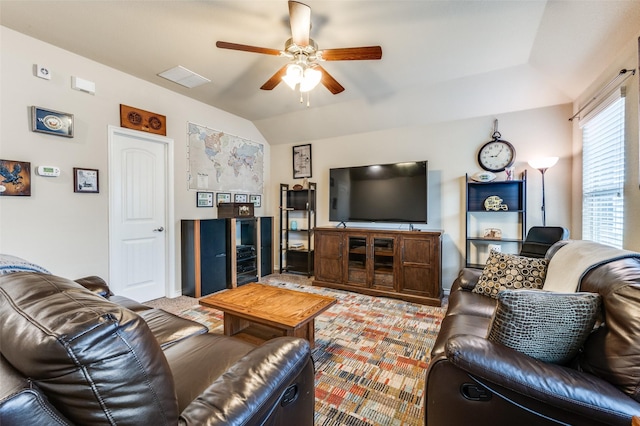 820 Lake Sierra Way, Little Elm, TX 75068 - living room with a ceiling fan and vaulted ceiling